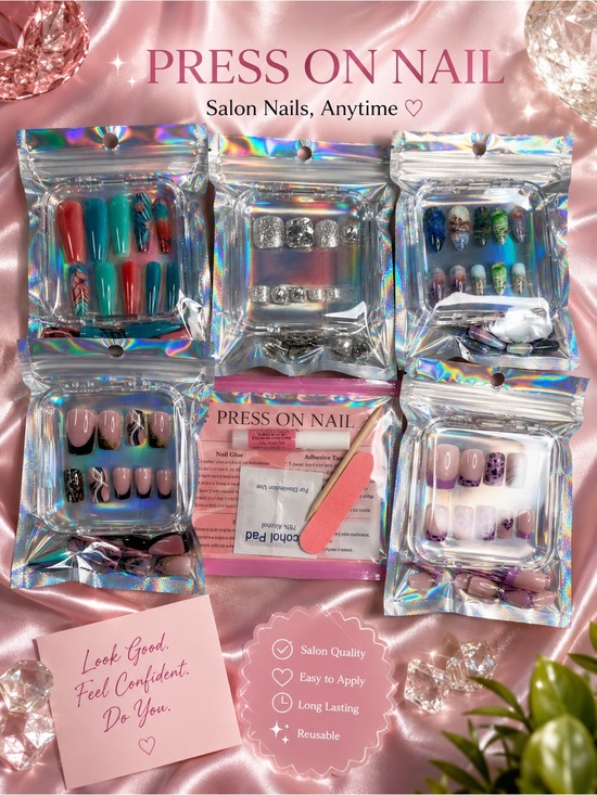 None Other - Press On Nail Sets - Bundle of 5 Multi Color Mix with nail kit